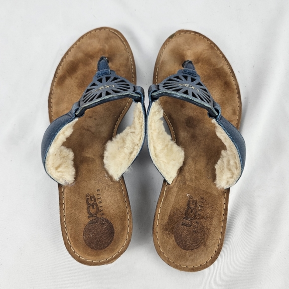Ugg Australia Leather Shearling Lined Flip Flops Blue Thong Sandals Women's 6 - Picture 4 of 6
